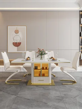Prabangus modernaus paprasta namų valgomojo stalas stačiakampio formos šviesos roko plokštė valgomojo stalas, kėdės derinys