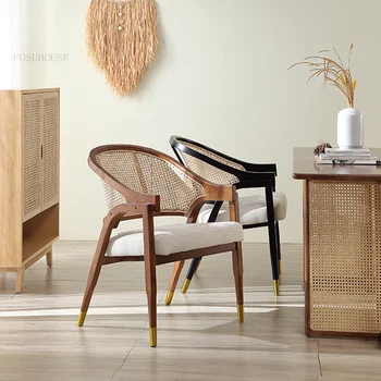 Nordic Light Luxury Medžio masyvo Valgomojo Kėdės Fotelis Šiuolaikinės Rotango Valgomojo Kėdė Dizaineris Laisvalaikio Atlošas Sillas Baldai SAV