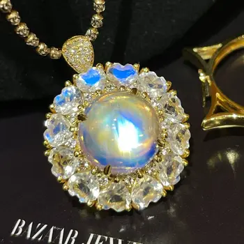 LR Fine Jewelry Nekilnojamojo 18K 100% Natūralus mėnulio akmuo 4.05 ct Deimantų Akmuo Deimantas Moterų Pakabučiai, Karoliai