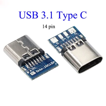 YuXi USB 3.1 C Tipo Jungtis 14 Pin Female Lizdas talpykla Per Skyles PCB 180 Vertikalus Skydas USB-C