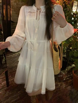 Moterų Pavasario Balta Mini Suknelė korėjos Mados 2023 Prašmatnus Hollow-Out-line Moterų Nėriniai-up Atsitiktinis Paplūdimio Suknelės Elegantiškas