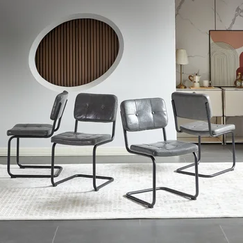 Šviesiai pilka modernaus simple stiliaus valgomojo kėdė PU odos juodas metalinis vamzdis, valgomojo baldai, kėdės rinkinys 4